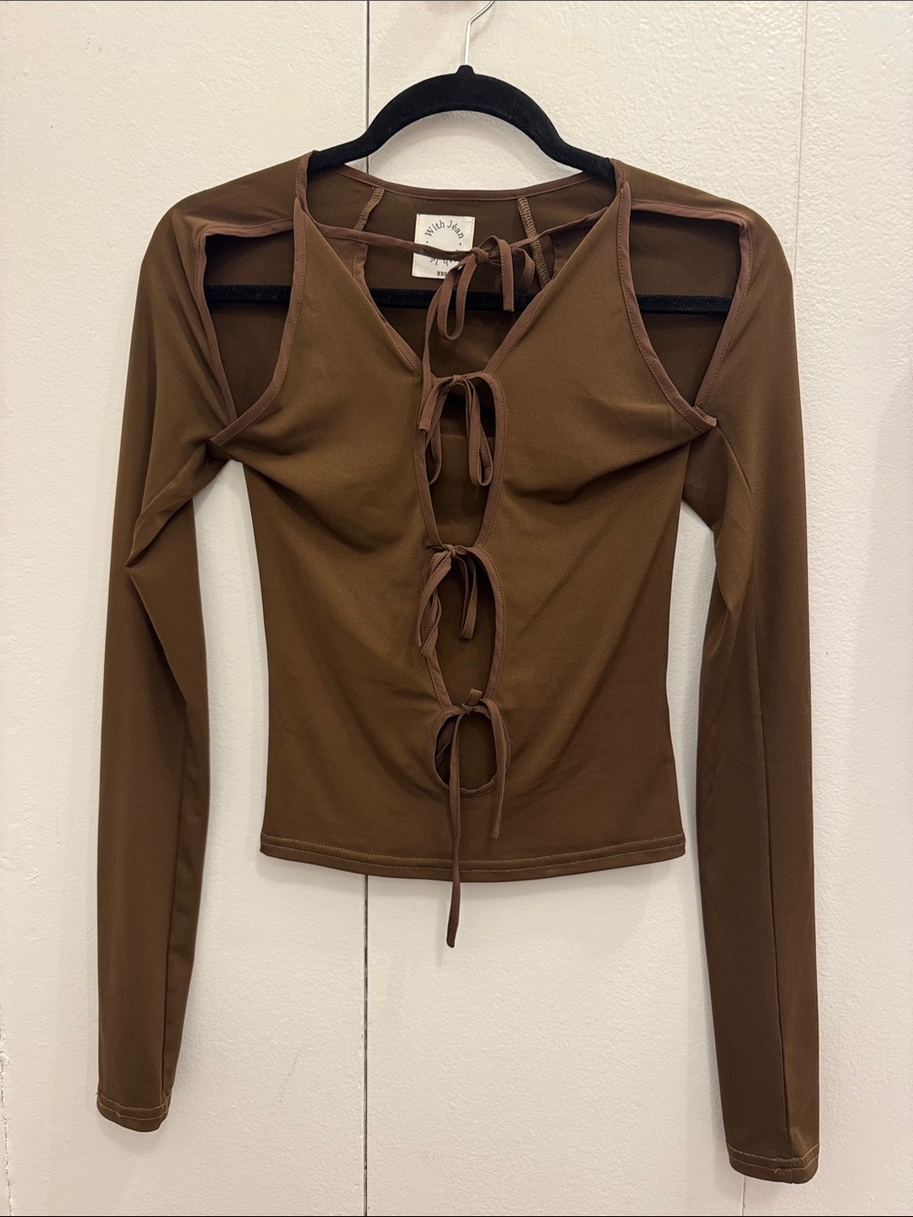 With Jean Chocolate Brown Cutout Tie-Front Long Sleeve Top